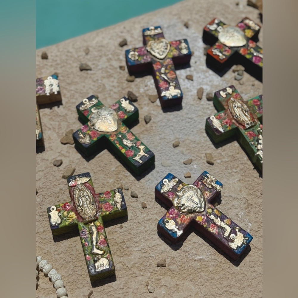 Milagro Silver Metal Charm Spanish Folk Art Painted Wood Cross-Ocean Blue - Picture 9 of 9